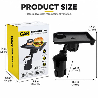 Car Cup Holder Tray 360° Adjustable With Extra Cup Holder
