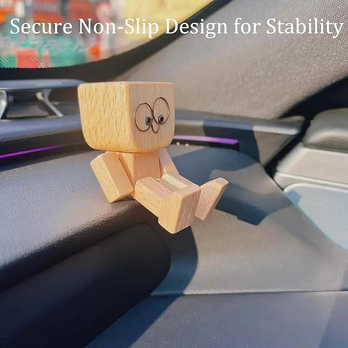 Car Dash Toy Handcrafted Wooden Bobble Head Non-Slip Adhesive
