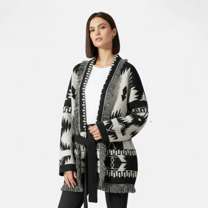 Cardigan 100% Cashmere Jacquard Knit Tassel Hem