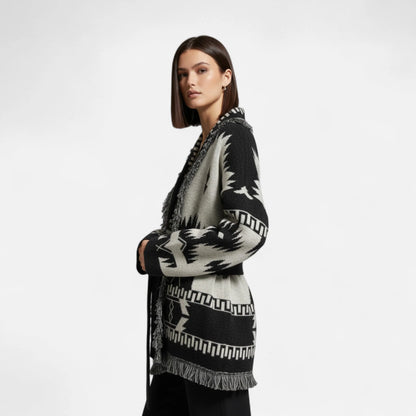 Cardigan 100% Cashmere Jacquard Knit Tassel Hem