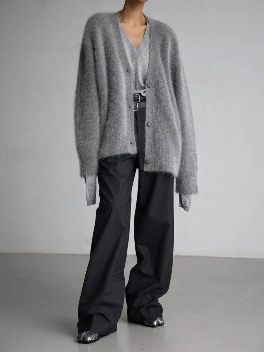 Cardigan Fluffy Mohair-Look Oversized V-Neck