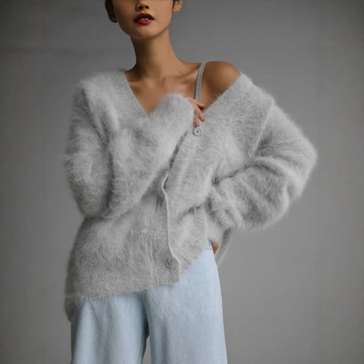 Cardigan Fluffy Mohair-Look Oversized V-Neck