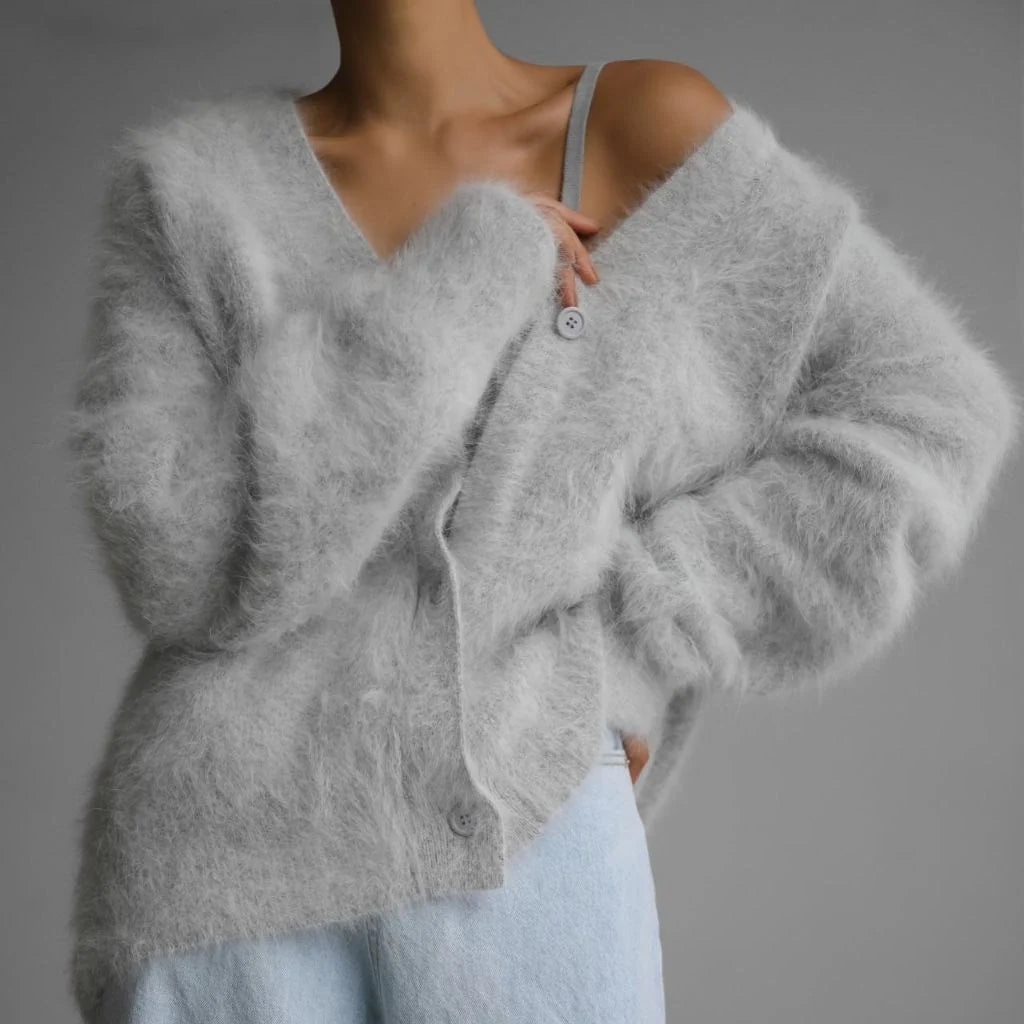 Cardigan Fluffy Mohair-Look Oversized V-Neck