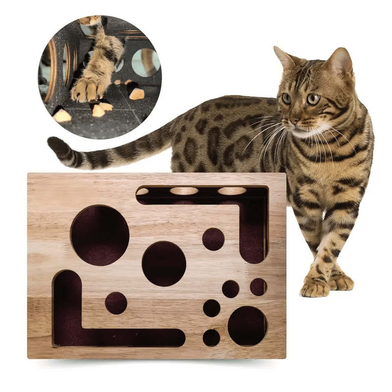 Cat Puzzle Box Oak Wood Treat-Dispensing & Claw Care