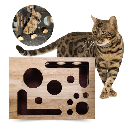Cat Puzzle Box Oak Wood Treat-Dispensing & Claw Care