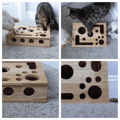 Cat Puzzle Box Oak Wood Treat-Dispensing & Claw Care