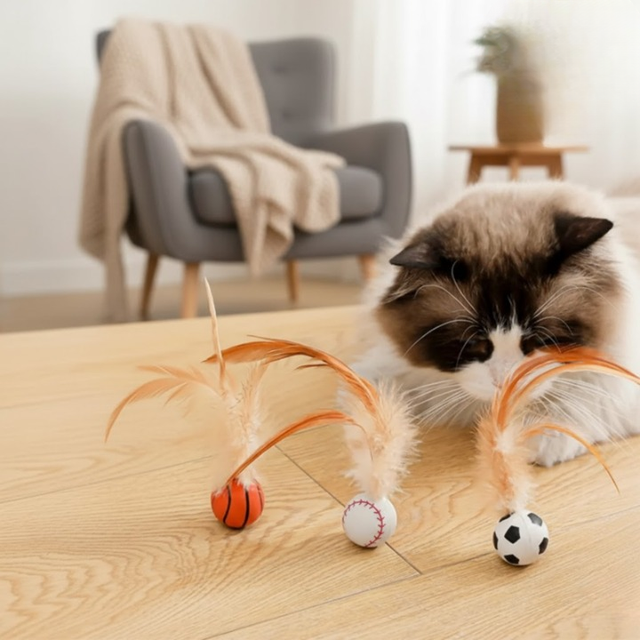 Cat Toy Silicone Feather-Tipped Bounce Ball Set of 3