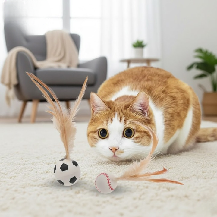 Cat Toy Silicone Feather-Tipped Bounce Ball Set of 3