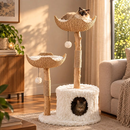 Cat Tree Natural Branches Woven Basket Beds Cozy Cave