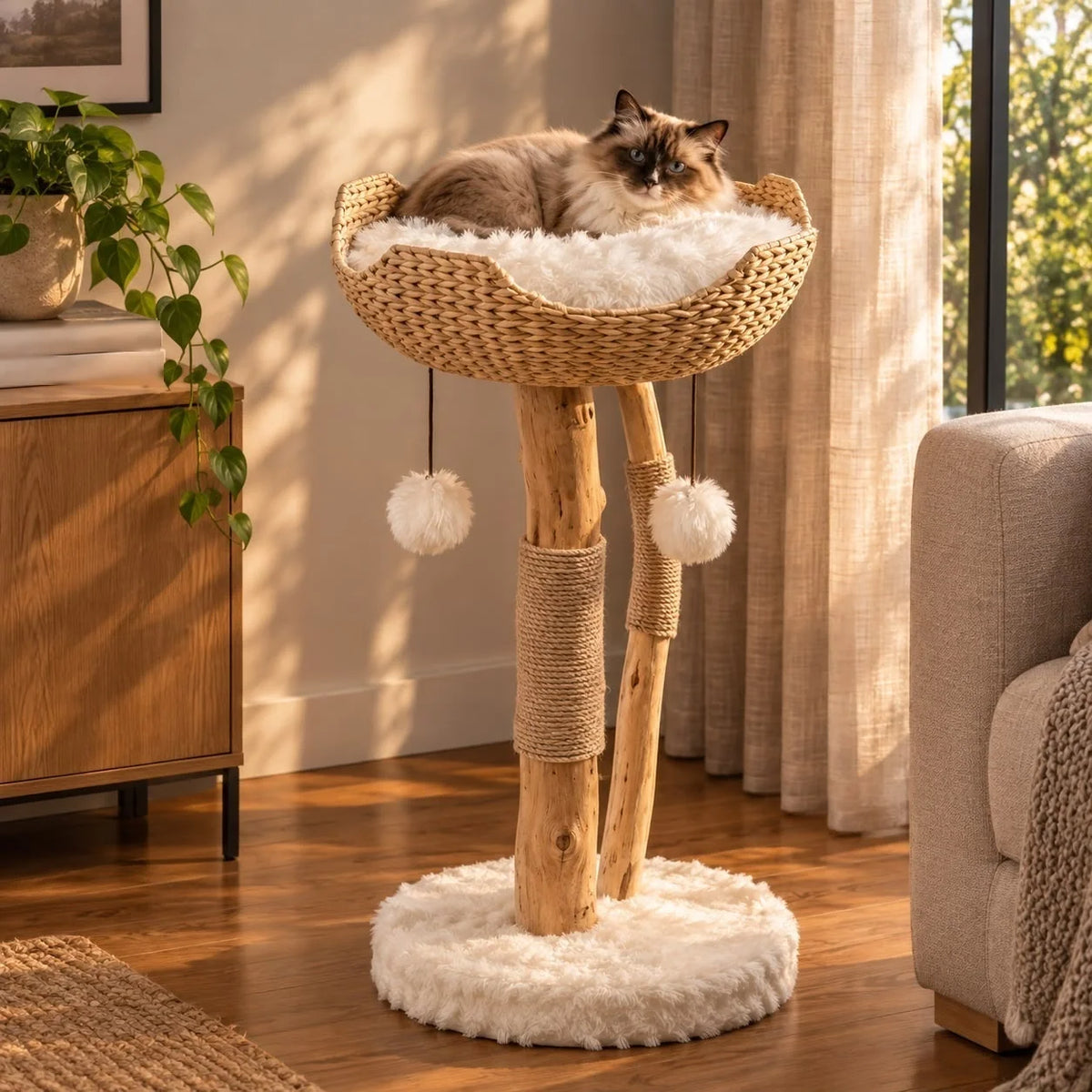 Cat Tree Woven Basket Bed Natural Branch Posts 32 Inch Tall