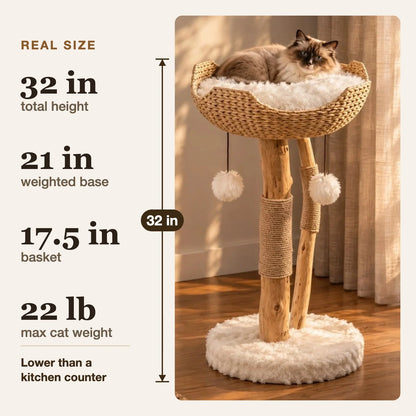 Cat Tree Woven Basket Bed Natural Branch Posts 32 Inch Tall