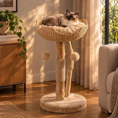 Cat Tree Woven Basket Bed Natural Branch Posts 32 Inch Tall