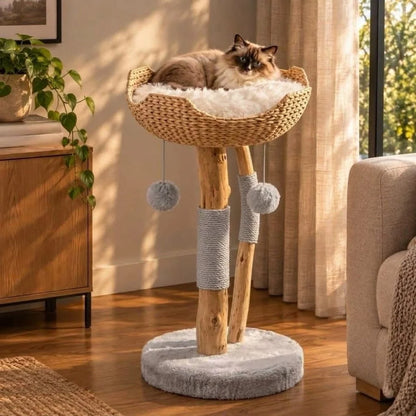 Cat Tree Woven Basket Bed Natural Branch Posts 32 Inch Tall