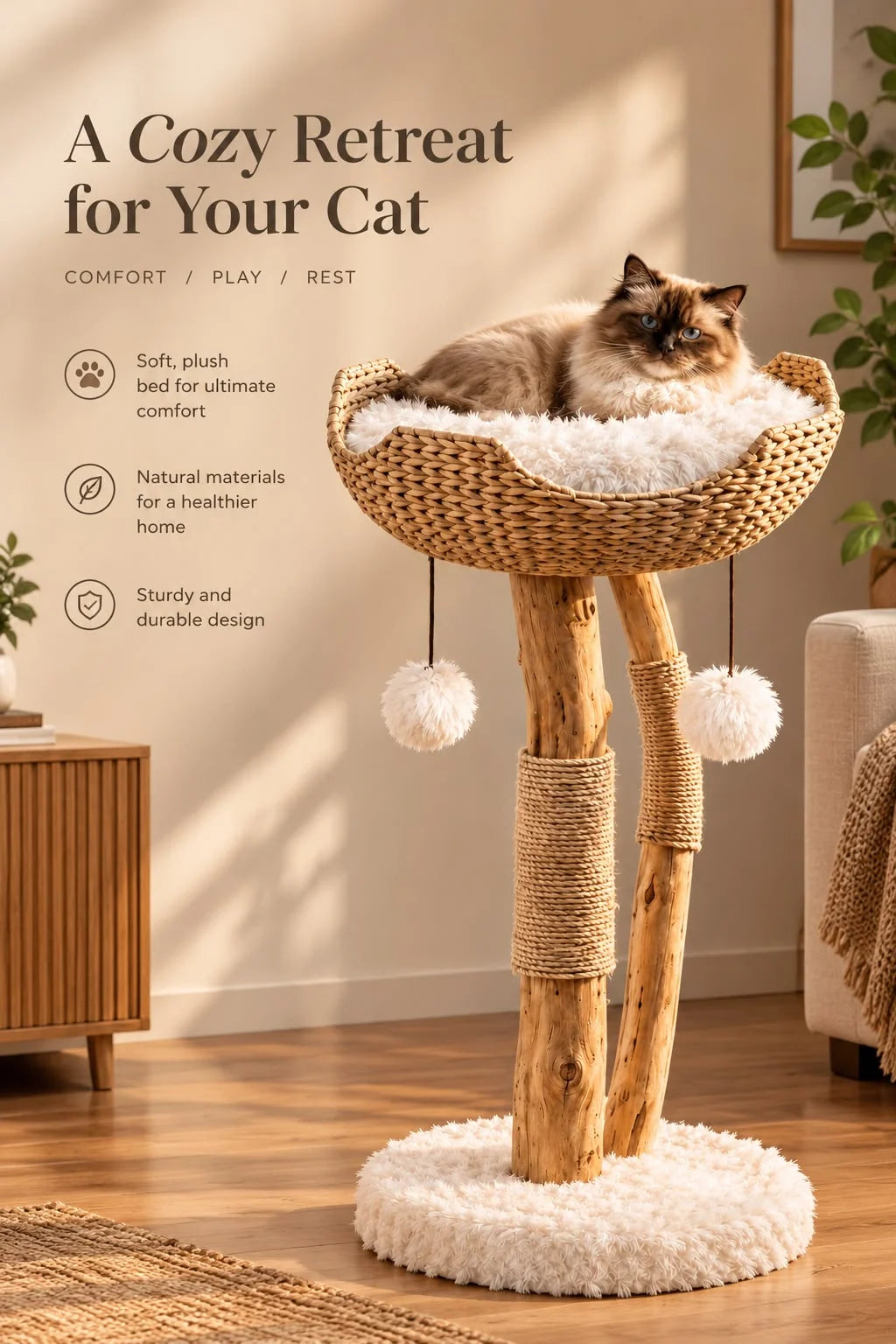 Cat Tree Woven Basket Bed Natural Branch Posts 32 Inch Tall