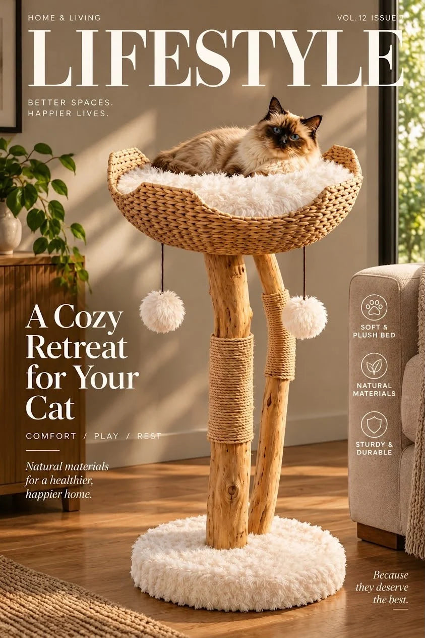 Cat Tree Woven Basket Bed Natural Branch Posts 32 Inch Tall