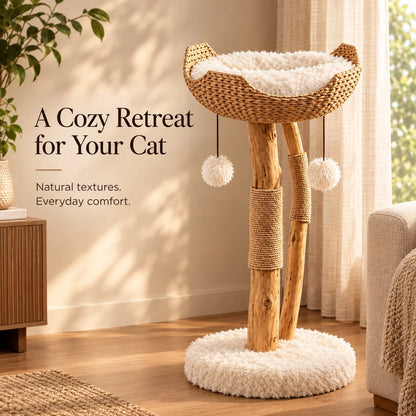 Cat Tree Woven Basket Bed Natural Branch Posts 32 Inch Tall