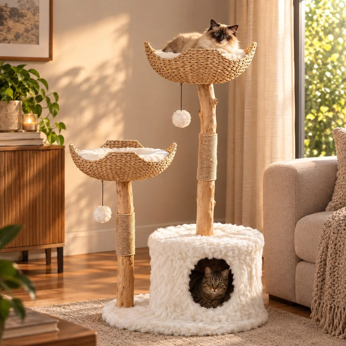 Cat Tree Woven Basket Beds Cozy Cave Natural Branch Posts 46 Inch Tall