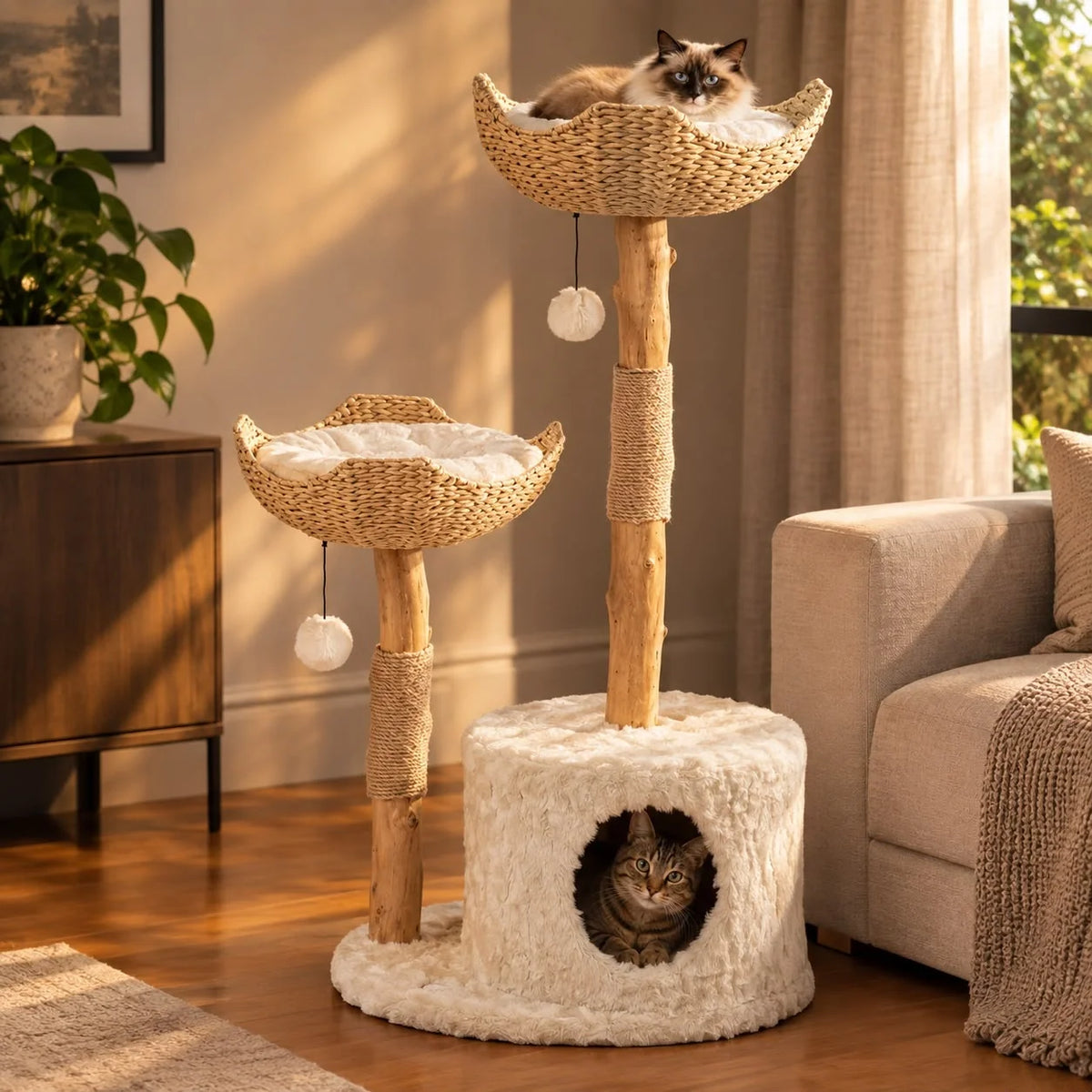 Cat Tree Woven Basket Beds Cozy Cave Natural Branch Posts 46 Inch Tall