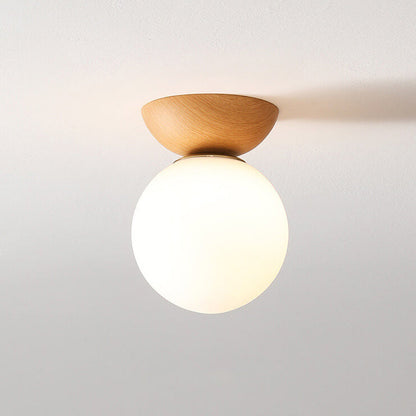 Ceiling Light Glass Globe Wood Grain Semi-Flush Mounted