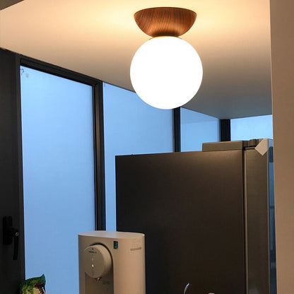Ceiling Light Glass Globe Wood Grain Semi-Flush Mounted