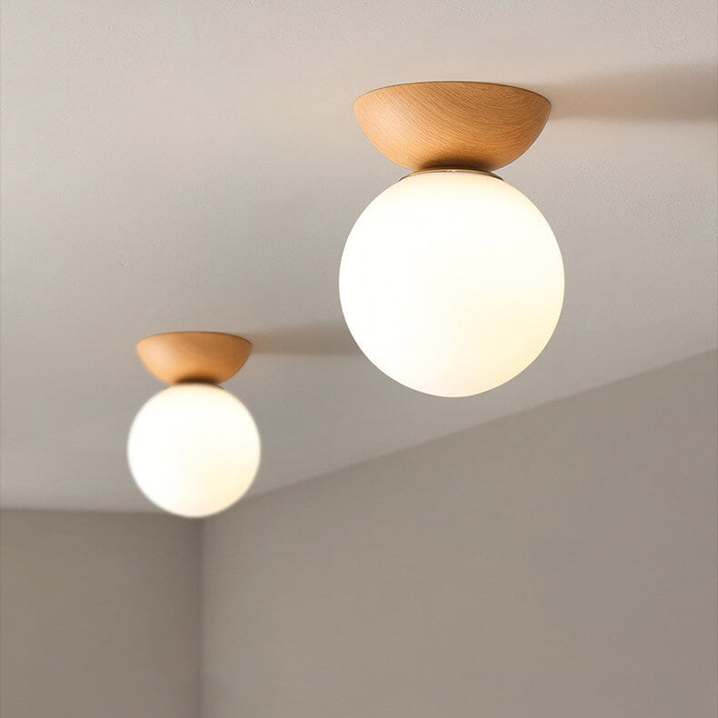 Ceiling Light Glass Globe Wood Grain Semi-Flush Mounted