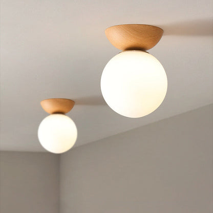 Ceiling Light Glass Globe Wood Grain Semi-Flush Mounted