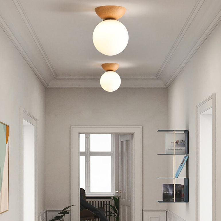 Ceiling Light Glass Globe Wood Grain Semi-Flush Mounted