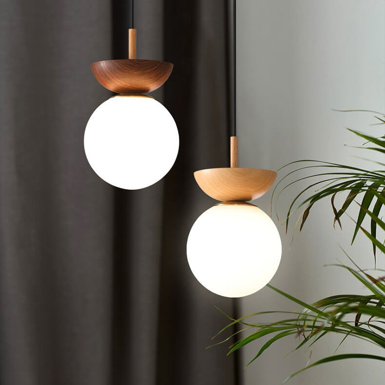 Ceiling Light Glass Globe Wood Grain Semi-Flush Mounted