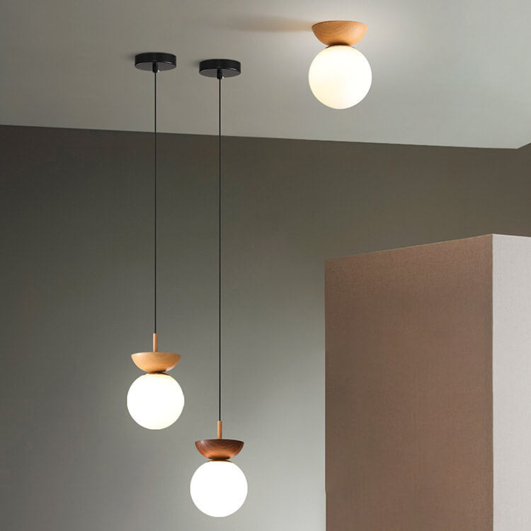 Ceiling Light Glass Globe Wood Grain Semi-Flush Mounted