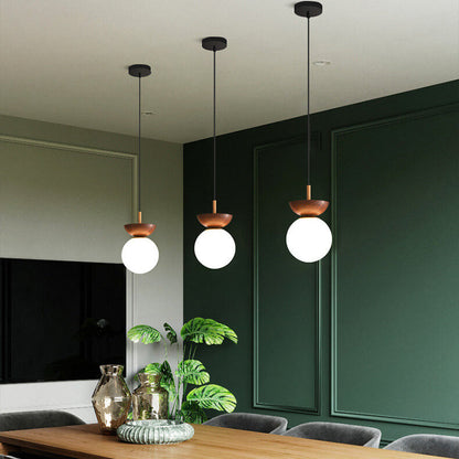 Ceiling Light Glass Globe Wood Grain Semi-Flush Mounted