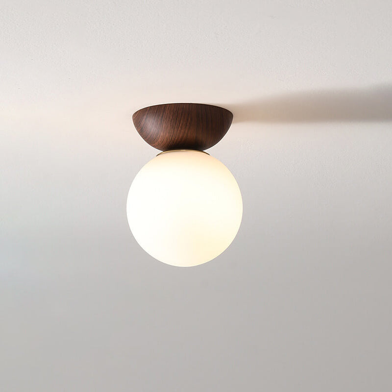 Ceiling Light Glass Globe Wood Grain Semi-Flush Mounted
