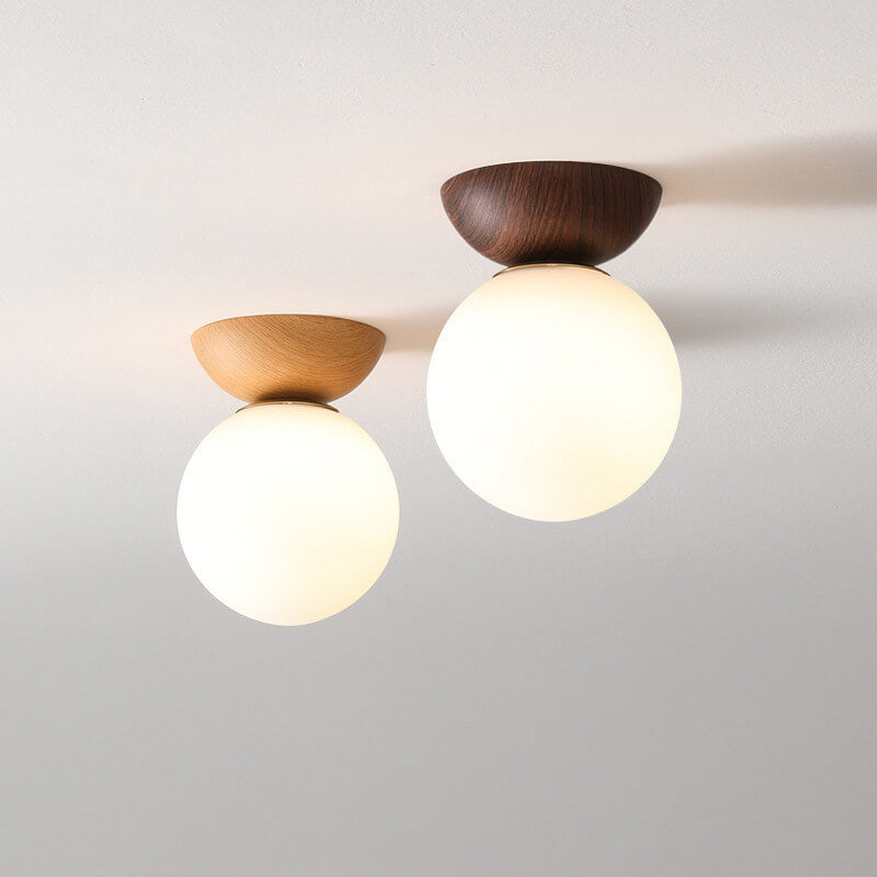 Ceiling Light Glass Globe Wood Grain Semi-Flush Mounted