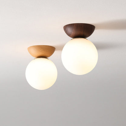 Ceiling Light Glass Globe Wood Grain Semi-Flush Mounted
