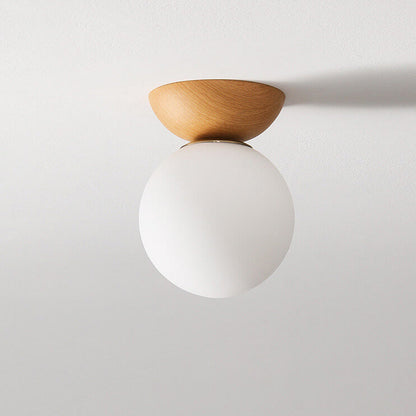 Ceiling Light Glass Globe Wood Grain Semi-Flush Mounted