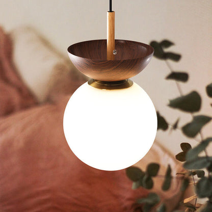 Ceiling Light Glass Globe Wood Grain Semi-Flush Mounted