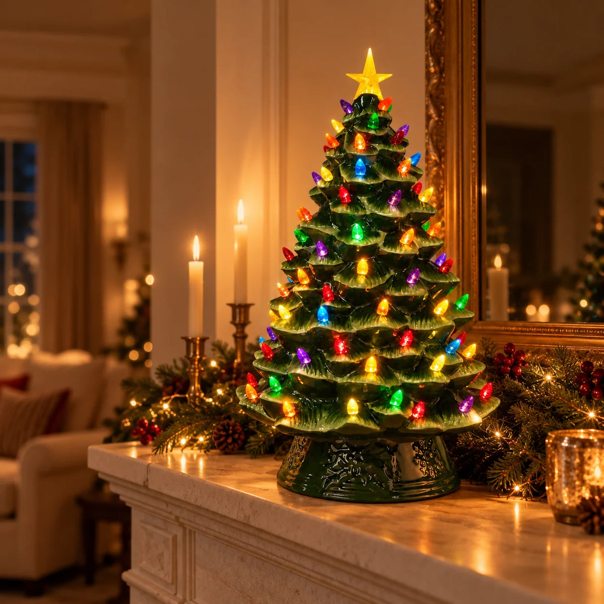 Ceramic Christmas Tree Multicolor LED Lights Star Topper
