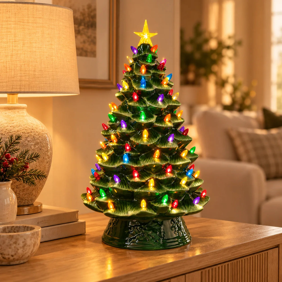 Ceramic Christmas Tree Multicolor LED Lights Star Topper