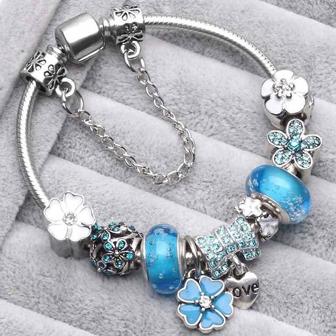 Charm Bracelet Sterling Silver Floral Adjustable Fit