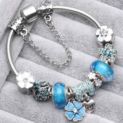 Charm Bracelet Sterling Silver Floral Adjustable Fit