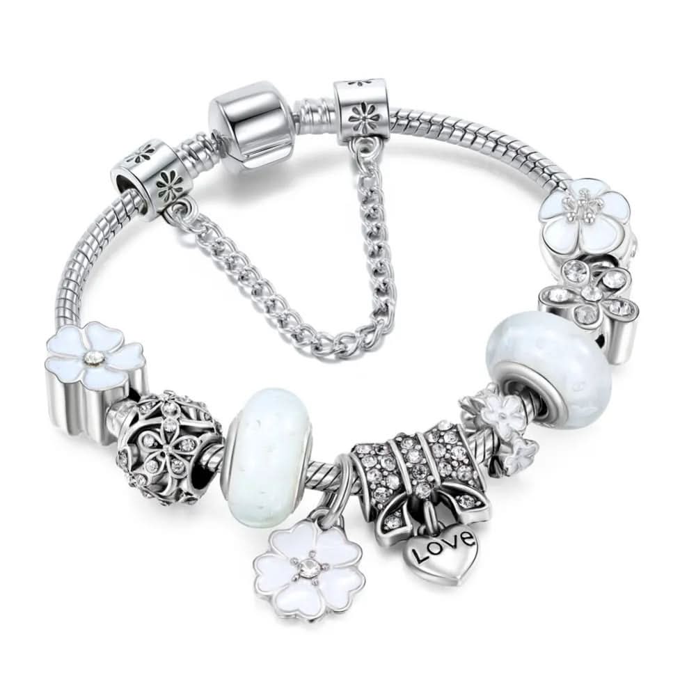 Charm Bracelet Sterling Silver Floral Adjustable Fit