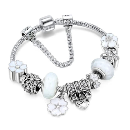 Charm Bracelet Sterling Silver Floral Adjustable Fit