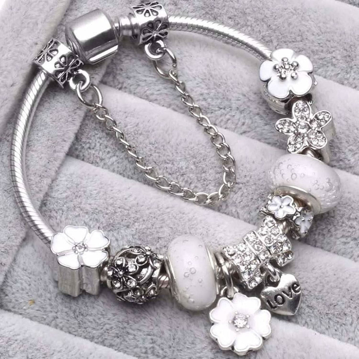 Charm Bracelet Sterling Silver Floral Adjustable Fit