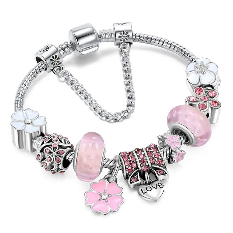 Charm Bracelet Sterling Silver Floral Adjustable Fit