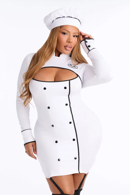 Chef Costume Set Stretch Three-Piece Cutout Dress & Hat
