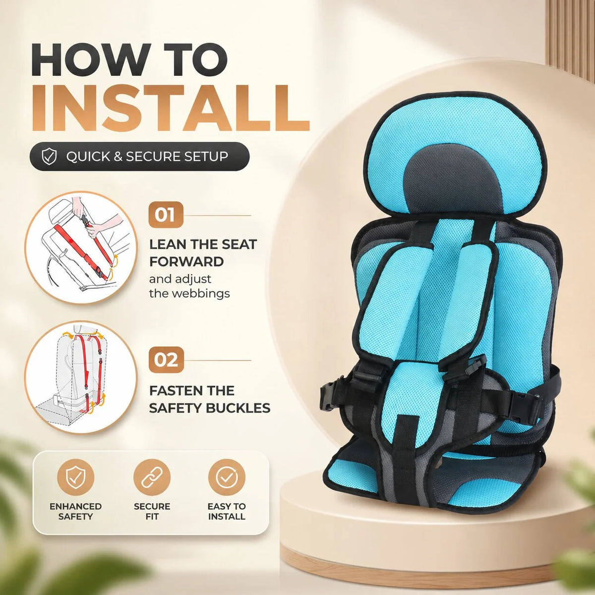 Child Car Seat Lightweight Compact Adjustable Fit & Washable Cover