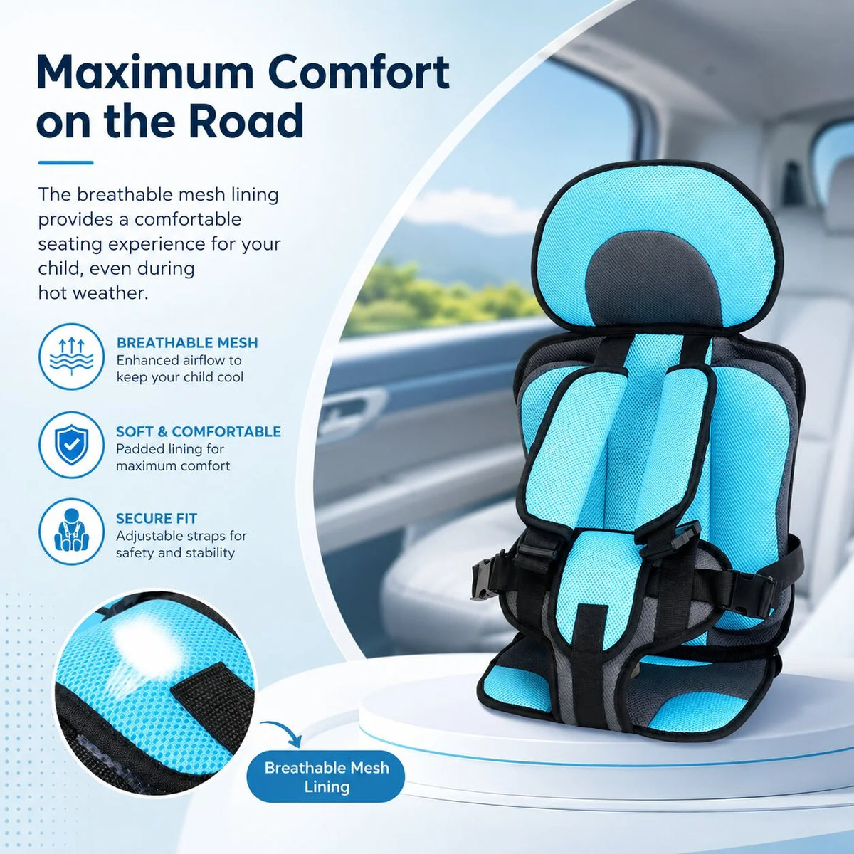 Child Car Seat Lightweight Compact Adjustable Fit & Washable Cover