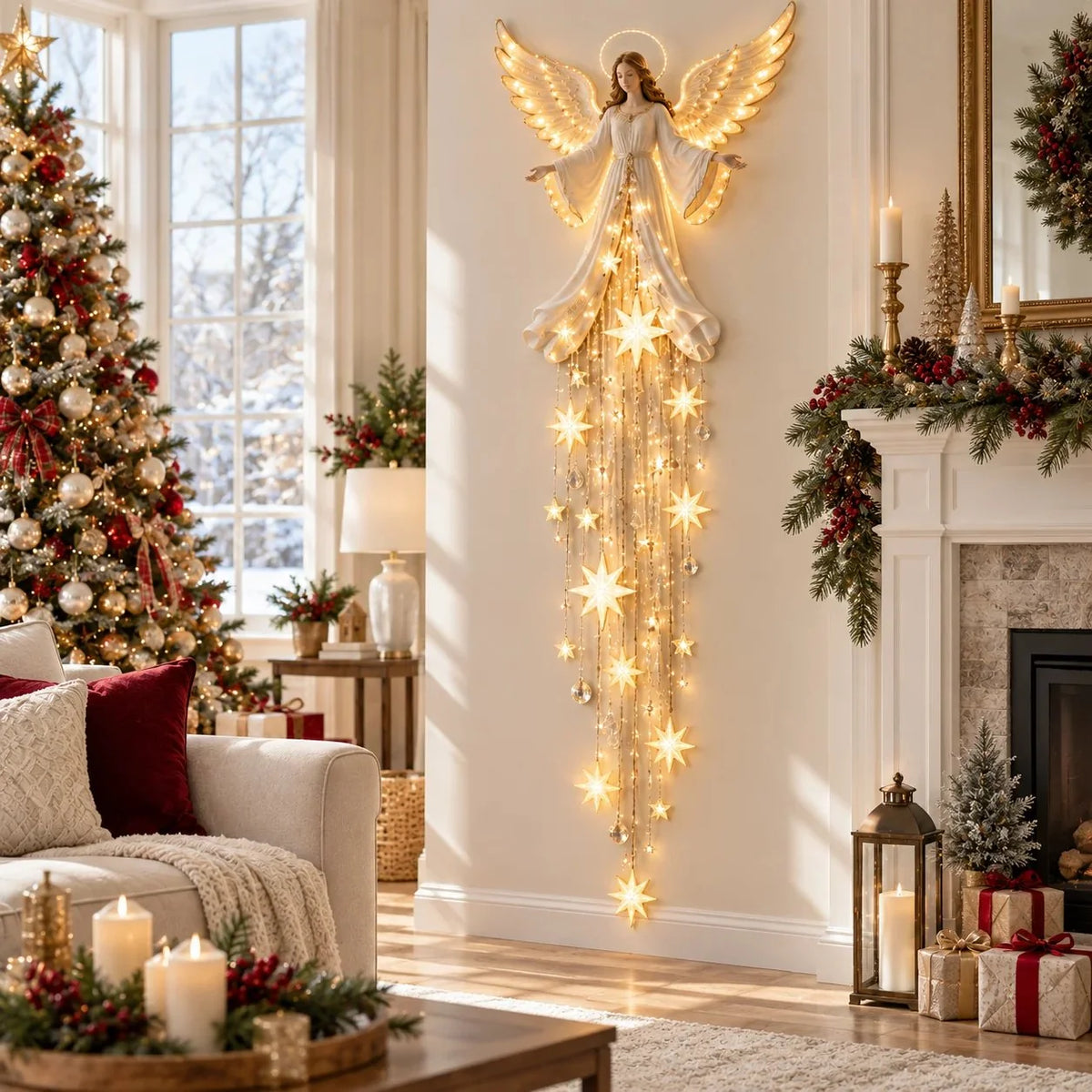 Christmas Angel Wall Light Warm White Cascading Stars Slim Design