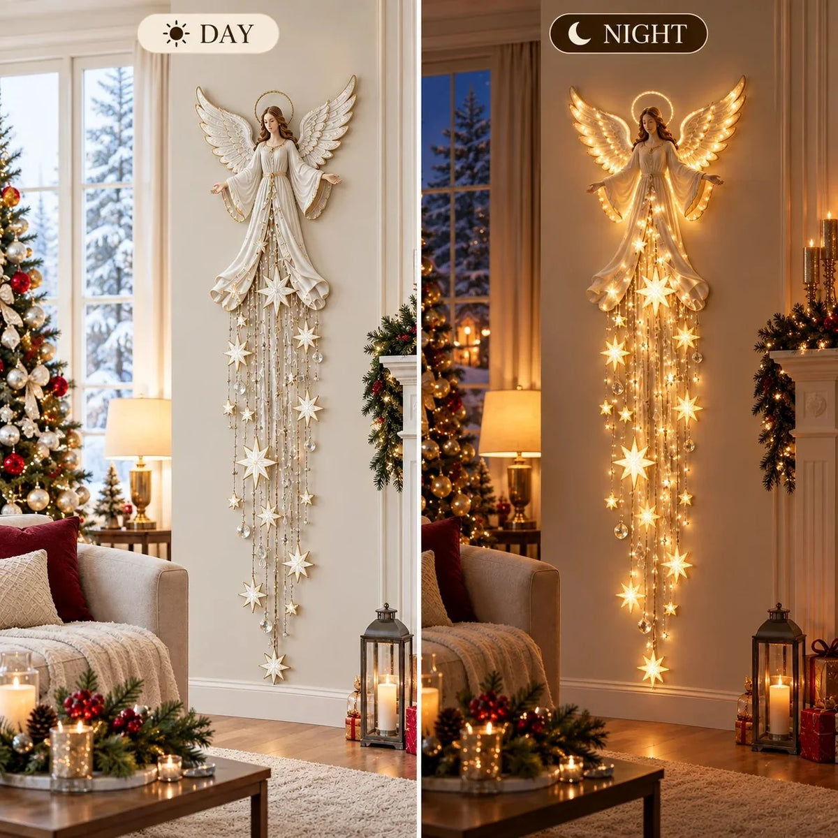 Christmas Angel Wall Light Warm White Cascading Stars Slim Design