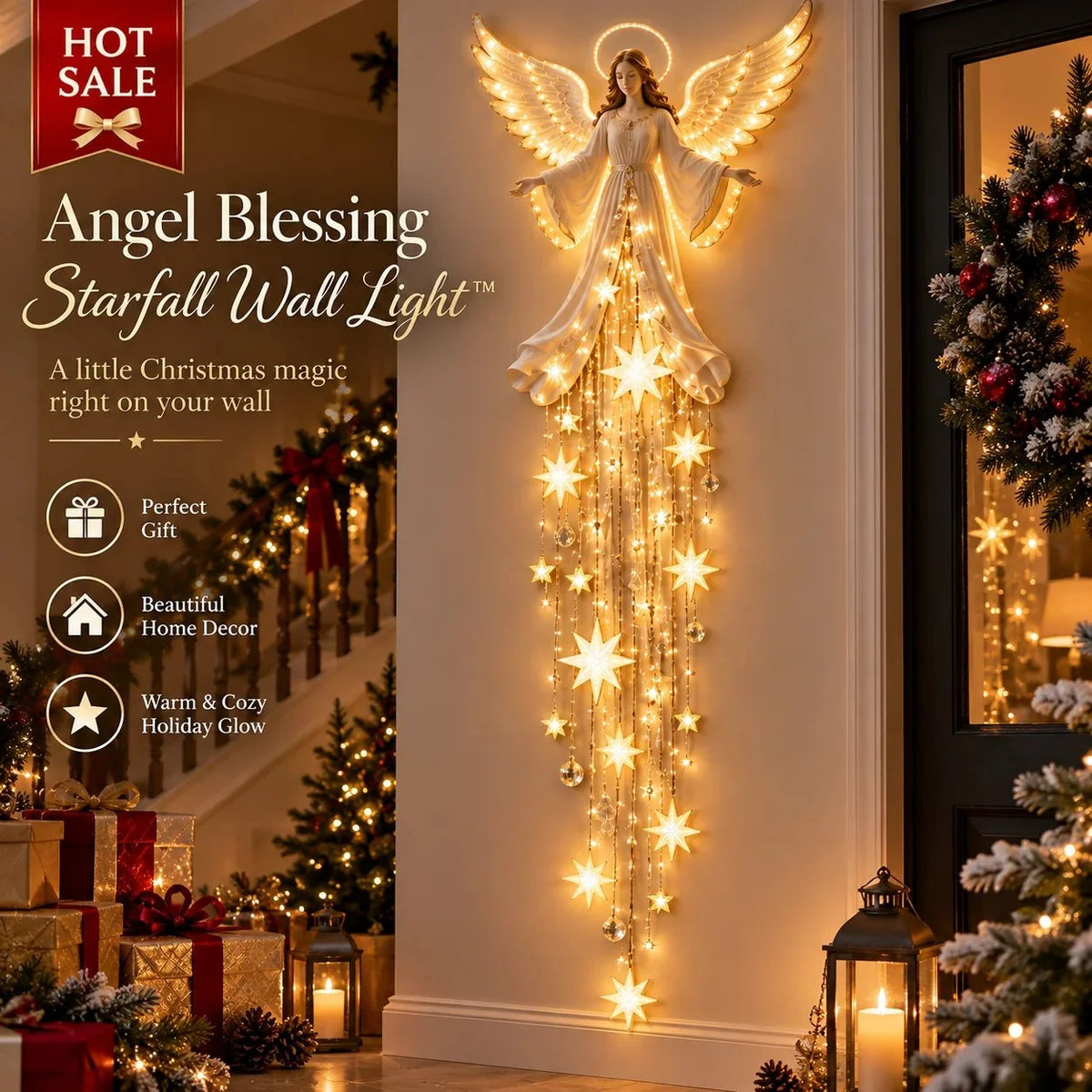 Christmas Angel Wall Light Warm White Cascading Stars Slim Design