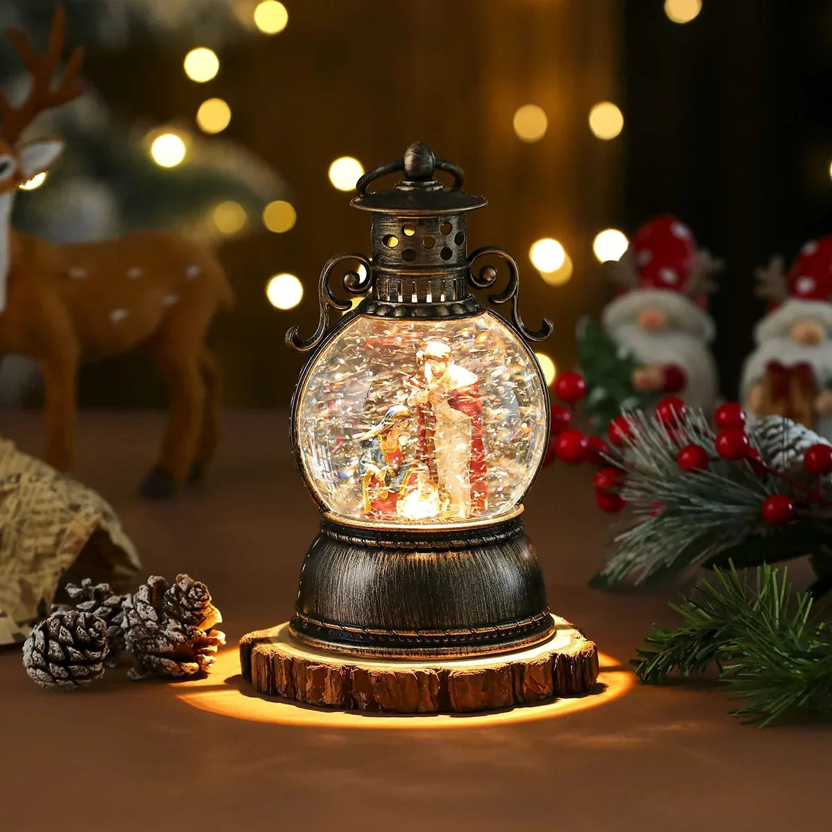 Christmas Lantern Glass Dome Battery-Powered Warm LED Glow